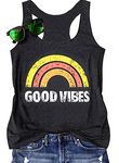 LANMERTREE Good Vibe Rainbow Tank Top Women Summer Vacation Cute Casual Graphic Tees Funny Workout Sleeveless Vest Tops, Drak-grey, Small