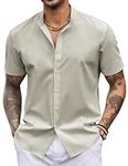 COOFANDY Mens Short Sleeve Collarless Shirt Casual Short Sleeve Button Down Slim Fit Shirt Summer Beach Tops Light Grey