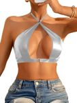 OYOANGLE Women's Pu Leather Lingerie Crisscross Cut Out Halter Bralette No Padded Backless Bra Silver Small