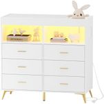 Babevy Changing Table Dresser with Drawers, Baby Dresser with Changing Table Top, Power Outlet, LED Light & Metal Feet, Diaper Changing Station Nursery Organizer for Infants Newborn, White