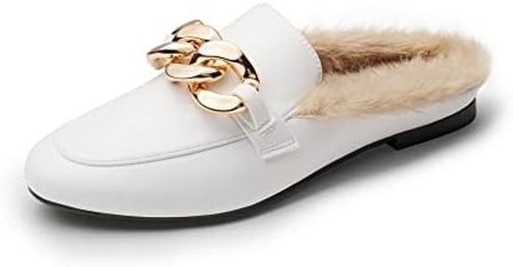 DREAM PAIRS Mules for Women Flats Shoes Comfortable Slip on Closed Toe Slides Loafers with Chain Backless Women’s Mules,Size 6.5,White-Fur,SDML2205W