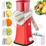 VEKAYA 5 in 1 Rotary Cheese Grater with Handle [5 Interchangeable Stainless Steel Blades] Cheese Shredder Food Vegetable Grader Hand Crank Grater for Kitchen with Bonus Storage Box for Blades - Red