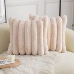 Neelvin Beige Faux Fur Cozy Soft Striped Decorative Throw Pillow Covers 16x16 inch Set of 2,Velvet Pillowcase Cushion Case for Sofa Couch