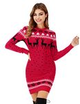 Totatuit Christmas Jumper Dress for Women Novelty Reindeer Snowflakes Knitted Ladies Xmas Dress Long Sleeve Crew Neck Christmas Sweater Pullover Knitwear Red