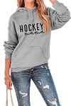 Women Hoodies Hockey Mama Funny Letter Long Sleeve Hooded Sweatshirt with Pocket Casual Shirts Graphic Tops Pullover Mom Gift, Grey, Medium