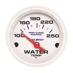 AutoMeter 200762 Marine Electric Water Temperature Gauge; 2-1/16 in; White Dial Face; Fluorescent Red Pointer; White Incandescent Lighting; Air Core; 100-250 Degree F;