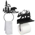 Funrous 2 Pcs Bear Toilet Paper Holder Bear Towel Ring Holder for Bathroom, Black Bear Cabin Decor Bear Bathroom Towel Holders with Shelf Wall Mount Forest Farmhouse Towel Rack for Bathroom Kitchen