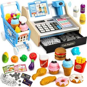 Wooden Cash Register for Kids with Shopping Cart Rechargeable Kid Cash Register with Scanner Gift for Kids Age 3 4 5 6 7 8 9 Year Old Pretend Play for Toddlers Toys for 3-12 Year Old Boys