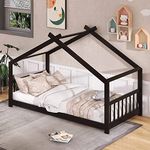 Merax Twin Kids Wood Montessori Beds with Headboard, Floor Bed Frame for Boys,Girls, No Box Spring Need (Twin, Espresso)