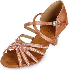 KleeKlcc Rhinestone Ballroom Dance Shoes Women Latin Salsa Dancing Shoes Practice Dance Heels ZB07(6, Tan-2.5 Inch Heel)