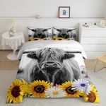 Highland Cow King Bedding Sets Chic Sunflower Comforter Set King Girls Boys, Vintage Farmhouse Down Comforter Farm Animal Bedding Comforter Sets, Grey Cattle Bull Duvet Insert Kids Lodge Cabin Decor