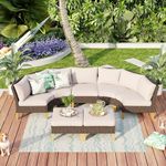 MFSTUDIO Garden Sofa Rattan Furniture Set, Updated Ribs, 20% Thicker than Others. CUSHION PRO FABRIC, Waterproof, Easy Clean, Anti Fouling. Outdoor Lounge Corner Sofa Set with Table Stool