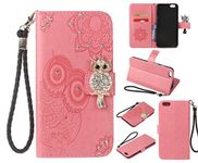 for iPhone 6 Case, for iPhone 6S Case , CrazyLemon 3D Handmade Bling Wallet Flip Cover Sparkly Crystal Diamonds Gems Owl Embossed PU Leather Case Viewing Stand Case Card Slot Money Clip Protective Bumper Case For iPhone 6/ 6S - Pink