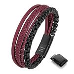 murtoo Mens Bracelet Leather Bracelet for Men Brown Black Leather with Stainless Steel Chain Bracelet Bracelet for Men Gift (Black Red, 8.5'')