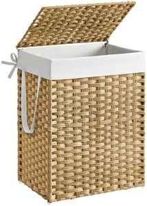 SONGMICS Handwoven Laundry Hamper, 23.8 Gal (90L) Synthetic Rattan Clothes Laundry Basket with Lid and Handles, Foldable, Removable Liner Bag, Natural ULCB51NL