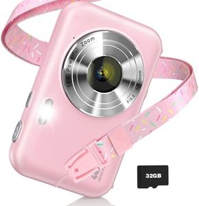 Digital Camera, FHD 1080P Kids Camera 44MP Point Shoot Cameras with Neck Lanyard 32GB Card, 16X Digital Zoom Anti-Shake, Compact Portable Small Camera for Kids Student Girl Boy Beginners(Pink)