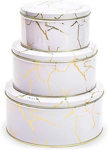 Juvale Set of 3 Marbled Round Nesting Tins with Lids, Circular Metal Kitchen Storage Containers for Cookies, Candy, Popcorn, Cupcakes, Biscotti, and Treats in 3 Sizes (White and Gold)