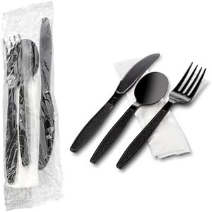 MT Products Black Individually Wrapped Plastic Cutlery Set - Disposable Heavy Weight Utensils - Pack of 250