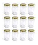 Britten & James 370ml Glass Jam Jar with Gold Twist Top Lid - Pack of 12. Perfect for Home Made Jam, Pickles and Chutney