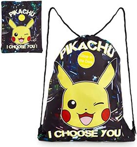 Pokemon Drawstring Bag, PE Gym Bag, Swimming and Sport Sack, Glow in the Dark Bag featuring Pikachu, Lightweight Black String Sack for Kids and Adults, Pokemon Gifts, Black, One Size