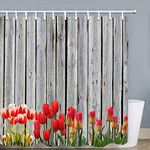 JOOCAR Design Shower Curtain, Tulips on Rustic Wooden Board Farmhouse Country Nature Valentines Print, Waterproof Cloth Fabric Bathroom Decor Set with Hooks