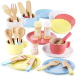 GAGAKU Wooden Toy Kitchen Dish Set [2024 upgrade] Toddler Plates and Cutlery Set Toy kitchen Accessories 27PCS Kids Role Play Gift for Age 3+ Years