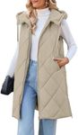 MEROKEETY Womens Sleeveless Quilted Long Puffer Vest Hooded Full Zip Jacket Coats with Pockets, Khaki, Large