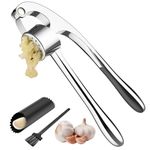 GeeRic Garlic Mincer, Garlic Crusher Crushes Effortless Garlic and Ginger Kitchen Garlic Press Garlic Crusher with Silicone Garlic Peeler and Cleaning Brush, Silver