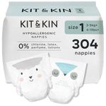 Kit & Kin Premium Baby Nappies Size 1 | Newborn 2-5 kgs / 4-11 lbs | Pack of 304 Nappies | Plant-Based Materials On Baby's Skin | Hypoallergenic | Superior Leak Protection