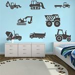 8 Transports Kids Wall Stickers Decals Excavator Bulldozer Mixer Truck Construction Truck Tractor Peel and Stick Removable for Nursery Bedroom Living Room Art murals Decorations JWH130 (Black)