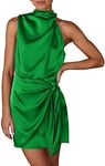 PRETTYGARDEN Women's Short Formal Satin Dress Summer Sleeveless Mock Neck Tie Waist Cocktail Party Dresses (Brilliant Green,Large)