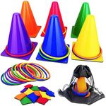 unanscre 31PCS 3 in 1 Carnival Outdoor Games Combo Set for Kids, Soft Plastic Cones Bean Bags Ring Toss Game, Gift for Birthday Party/Xmas