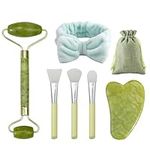 Jade Roller Gua Sha Set, Face Rollergua Sha Stone Tool, Reduce Eye Puffiness, Face, Neck, Back Body Muscle Relaxation Massager, Including 3 Massage Brushes + 1 Hair Tie + 1 Silk Storage Bag