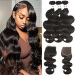 Bundles with Closure Brazilian Body Wave 3 Bundles with Closure Virgin 100% Unprocessed Human Hair Extensions 4x4 Free Part Lace Closure Natural Color (16 18 20+14)