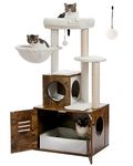 PEQUILT Cat Tree, 50"[127cm] Modern Cat Tower with Cat Condo, Wood Litter Box Enclosure Furniture with Large Hammock Top Perch for Large/Fat Cats, Rustic Brown