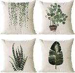 Set of 4 Green Plants Decorative Throw Pillow Covers 18x18 Inch Linen Square Pillow Cases Outdoor Sofa Couch Home Bed Decor Cushion Covers (18 by 18)