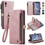 Defencase Wallet Case Compatible with iPhone XR with RFID Blocking Card Holder Slot for Women and Men, Fashion PU Leather Magnetic Snap Flip Zipper Strap Phone Case Suitable for iPhone XR, Rose Pink