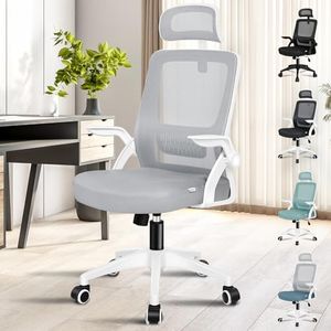 ALFORDSON Mesh Ergonomic Office Chair with Adjustable Headrest & Flip-up Armrest, Tilting Executive Computer Desk Chair with Gas-Lift, Swivel Gaming Chair(Arco White Grey)