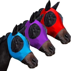 HUAME Fly Masks for Horses with Ears Set of 3, Comfort Fit Stretchy Fabric with UV Protection Soft on Skin Breathability for Average Size Horses (Blue-Purple-Red)