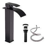 DAYONE Matte Black Waterfall Vessel Bathroom Faucet, Single Hole Tall Vanity Faucets Stainless Steel, Washroom Basin Sink Faucet Tap with Pop-up Drain and Supply Hoses