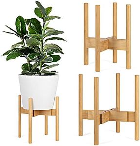 Five Lime, Bamboo Plant Stand, Adjustable Height and Width, Fits 20-30cm Pots, Mid Century Modern Indoor Planter Stand for Any Home Décor, Suitable for Indoors, Homes, Apartments, Offices (Black Stand) (Natural)