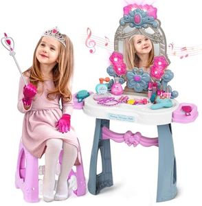 VViN Kids Vanity Set for Girls with Light & Music, Princess Vanity Table with Stool, Pretend Makeup Dresser with Crown, Scepter, Gloves & Jewelry Accessories, Toys for 3 4 5 Year Old