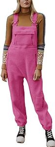 Women's Fleece Warm Overalls Winter Loose Casual Jumpsuits with Pockets, Pink, Medium