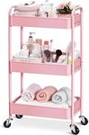 TOOLF 3-Tier Rolling Cart, Metal Utility Cart with Lockable Wheels, Storage Craft Art Cart Trolley Organizer Serving Cart Easy Assembly for Baby Room, Bathroom, Kids' Room, Beauty Salon (Pink)