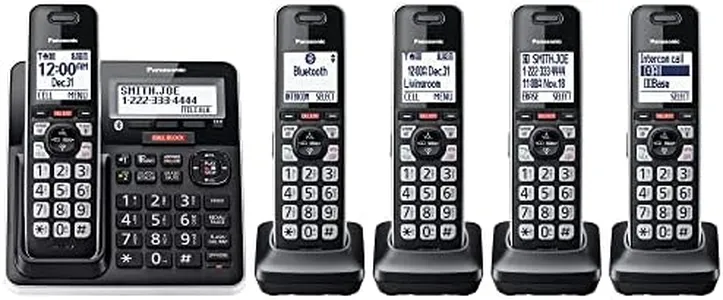 Panasonic Cordless Phone with Advanced Call Block, Link2Cell Bluetooth, One-Ring Scam Alert, and 2-Way Recording with Answering Machine, 5 Handsets - KX-TGF975B (Black with Silver Trim)