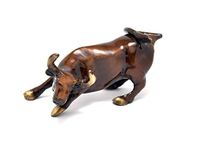 Two Moustaches 5 Inches Brass Bull Showpiece, Brass Charging Bull Showpiece, Wall Street Bull Statue, Standard, Brown, Home Decor Showpiece