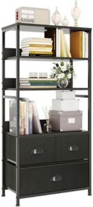 Vermess 4-Tier Bookshelf with 3 Drawers, Vertical Dresser Organizer, Storage Shelf for Books, Photos, Decorations in Living Room, Office, Bedroom,Kitchen, Sturdy Metal Frame,Wood Top，Black