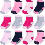 JAKIDAR 12 Pack Baby Socks Cotton Crew Toddler Socks Grips Non Slip Bottom Kids Socks, Pink/Deeppink/Darkblue/Gray/Darkmagenta, 2-4T