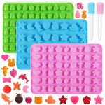 3 Pack Mini Silicone Gummy Candy Chocolate molds Contains Marine Animal, Fruits, Vegetables Small Hearts Shapes and 2 droppers for Making Gummy, Candy, Chocolate and Small ice Cubes.