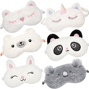 6 Pieces Cute Animals Sleeping Mask Soft Plush Eye Mask Funny Cartoon Blindfold Bear Cat Unicorn Koala Eye Cover Eyeshade for Women Girls Kids Plane Travel Nap Night Sleeping